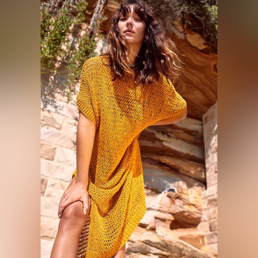 Free People FP Beach La Jolla Midi Net Sweater Dress Marigold XS/S